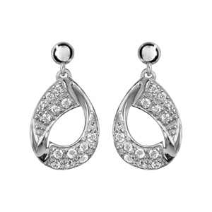 Boucles d\'oreilles pendantes en argent rhodié goutte suspendue en ruban vrillé lisse et ornée d\'oxydes blancs sertis et fermoir clou avec poussette - Vue 1