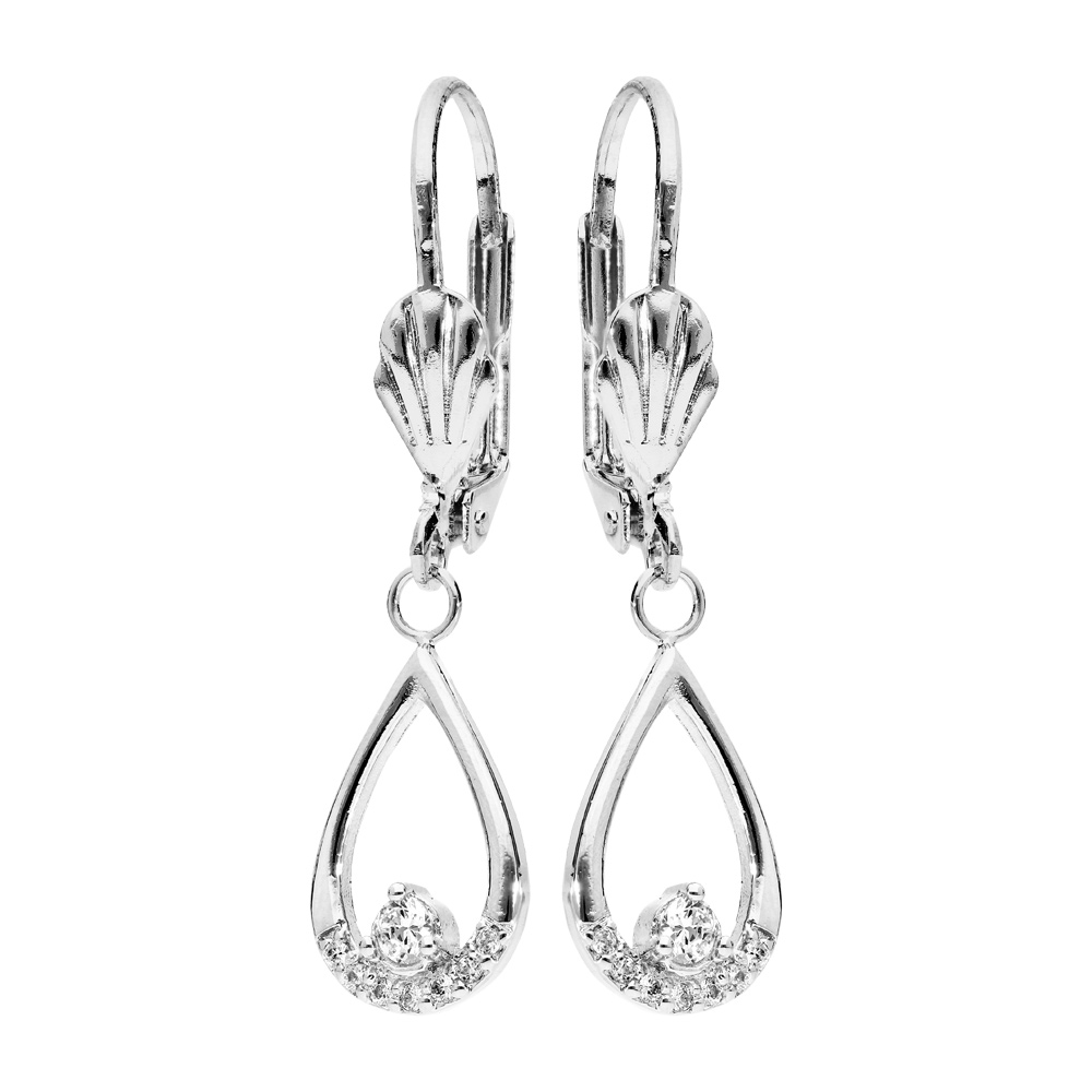 Boucles d\'oreilles pendantes en argent rhodi� goutte suspendue orn�e d\'oxydes blancs sertis fermoir poussette - Vue 1