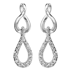Boucles d\'oreilles pendantes en argent rhodié 2 ovales vrillés suspendus dont 1 orné d\'oxydes blancs sertis et fermoir clou avec poussette - Vue 1