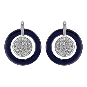 Boucles d\'oreilles pendantes en argent rhodi pastilles oxydes blancs sertis et contour cramique bleu et fermoir poussette - Vue 1