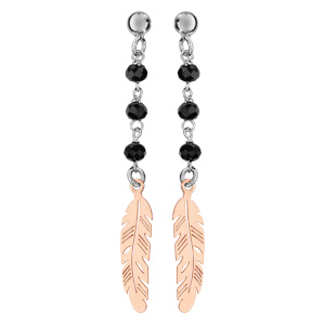 Boucles d\'oreilles pendantes en Argent rhodi plume dore suspendue avec perles facettes noires et fermoir poussette - Vue 1