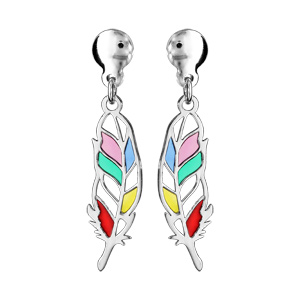 Boucles d\'oreilles pendantes en argent rhodié plume multicolore et ajourée fermoir poussette - Vue 1