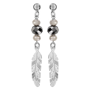 Boucles d\'oreilles pendantes en argent rhodi plume suspendue avec perles facettes noires et blanches et fermoir poussette - Vue 1