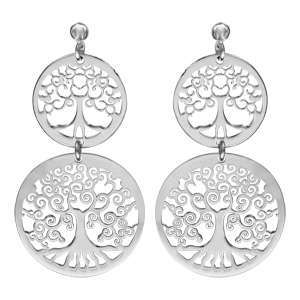 Boucles d\'oreilles pendantes en argent rhodi 2 ronds suspendus avec motif arbre de vie dcoup et fermoir poussette - Vue 1