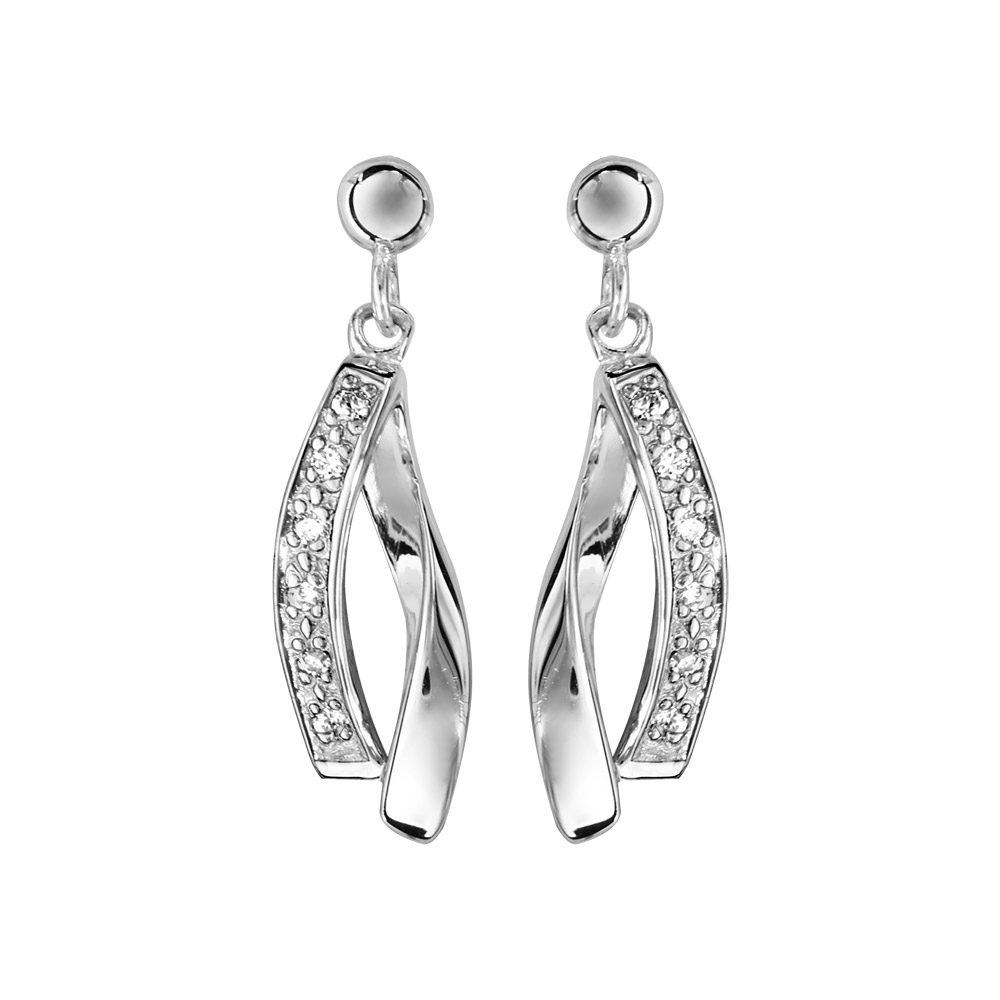 Boucles d\'oreilles pendantes en argent rhodi 2 rubans suspendus et 1 avec oxydes blancs et fermoir poussette - Vue 1