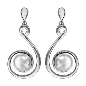 Boucles d\'oreilles pendantes en argent rhodié spirale suspendue avec perle blanche synthétique au centre et fermoir tige à poucette - Vue 1