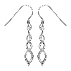 Boucles d\'oreilles pendantes en argent rhodi torsade lache orne d\'oxydes blancs sertis et fermoir crochet - Vue 1