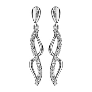 Boucles d\'oreilles pendantes en argent rhodi 2 vagues suspendues et relies, 1 en rail d\'oxydes blancs sertis et l\'autre lisse et fermoir poussette - Vue 1