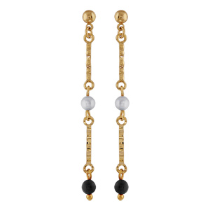 Boucles d\'oreilles pendantes en plaqué or 2 baguettes avec 1 perle blanche synthétique au milieu et boule en onyx au bout et fermoir clou avec poussette - Vue 1