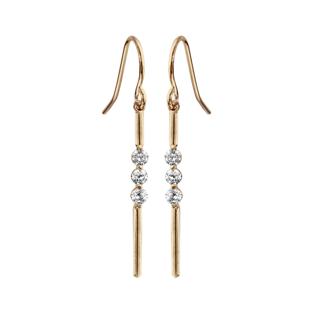 Boucles d\'oreilles pendantes en plaqu� or baguettes lisses et oxydes blancs et fermoir crochet - Vue 1