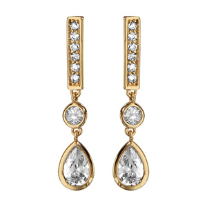 Boucles d\'oreilles pendantes en plaqué or barrette avec oxyde rond blanc et oxyde blanc en forme de goutte suspendus et fermoir poussette - Vue 1