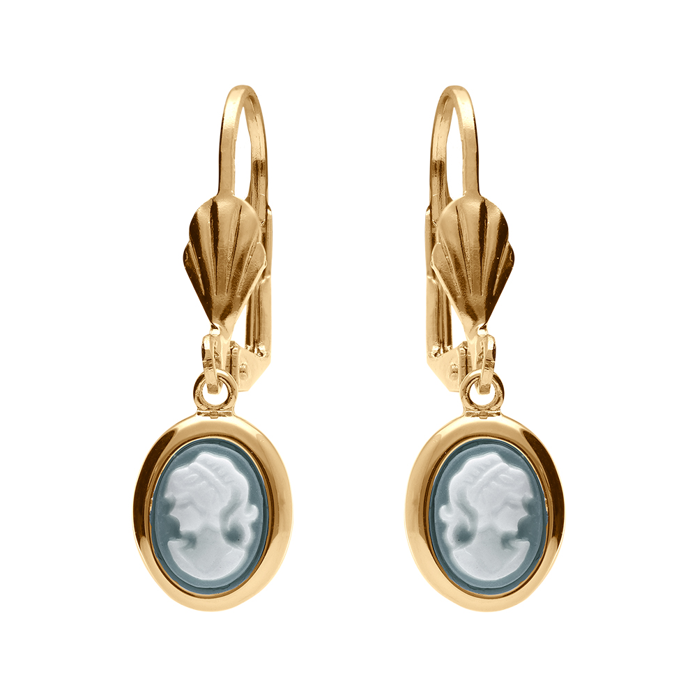 Boucles d\'oreilles pendantes en plaqu� or cam�e bleu et fermoir dormeuse - Vue 1