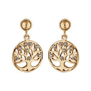 Boucles d\'oreilles pendantes en plaqu or cercle suspendu avec arbre de vie dcoup orn d\'oxydes blancs et fermoir poussette - Vue 1