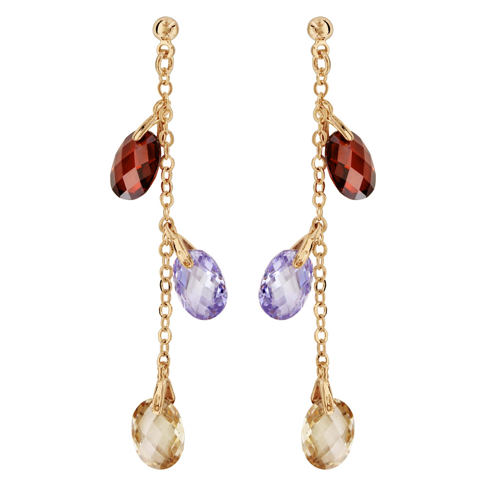 Boucles d\'oreilles pendantes en plaqu� or cha�nette avec gouttes multicolores suspendue et fermoir poussette - Vue 1