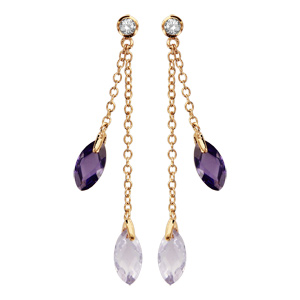 Boucles d\'oreilles pendantes en plaqu or chanette longue et courte avec goutte violette et lavande et fermoir poussette - Vue 1