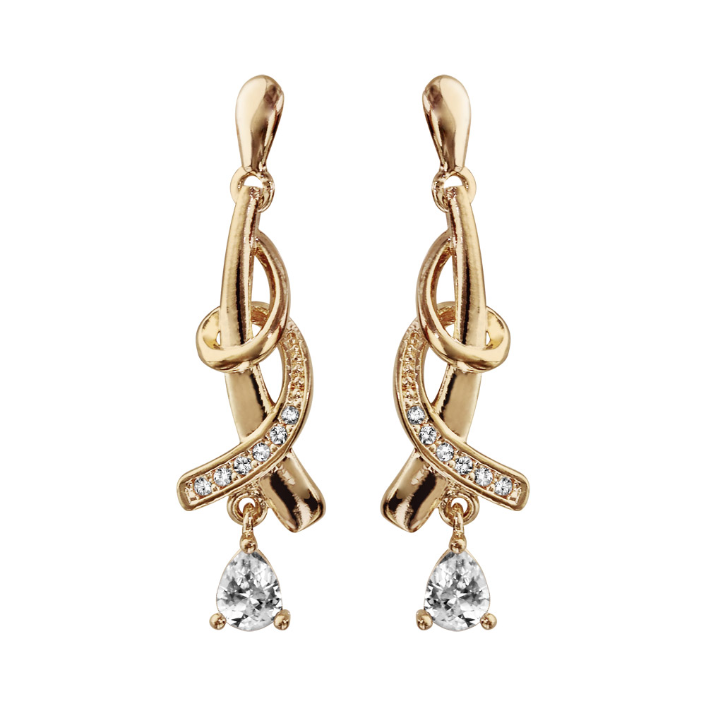 Boucles d\'oreilles pendantes en plaqu� or collection joaillerie 2 brins entrelac�s avec oxyde blanc suspendu et fermoir poussette - Vue 1