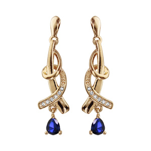 Boucles d\'oreilles pendantes en plaqu or collection joaillerie 2 brins entrelacs avec oxyde bleu suspendu et fermoir poussette - Vue 1