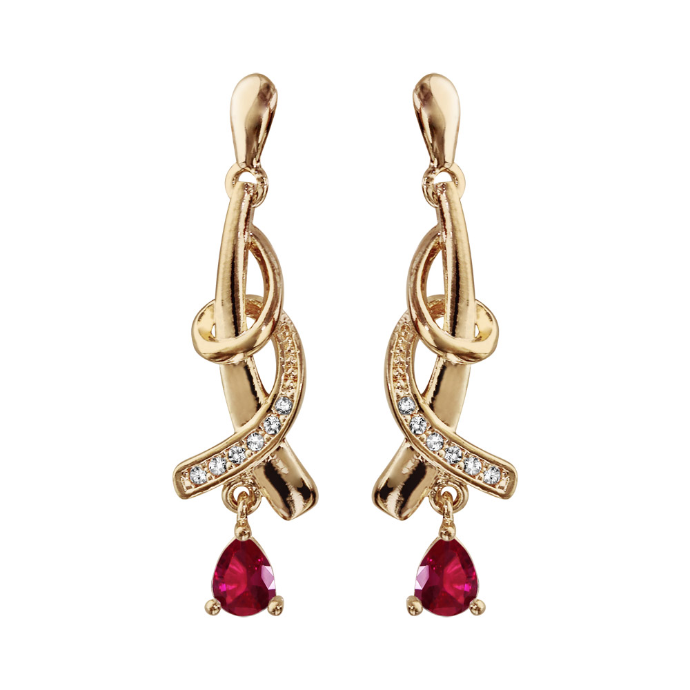 Boucles d\'oreilles pendantes en plaqu� or collection joaillerie 2 brins entrelac�s avec oxyde rouge suspendu et fermoir poussette - Vue 1