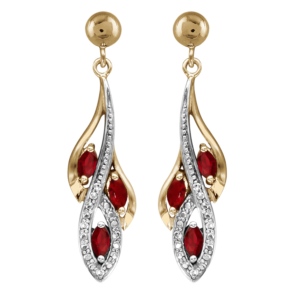 Boucles d\'oreilles pendantes en plaqu� or collection joaillerie grappe avec 3 navettes d\'oxydes rouges et rails d\'oxydes blancs et fermoir poussette - Vue 1