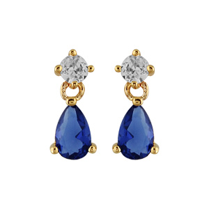 Boucles d\'oreilles pendantes en plaqu or collection joaillerie oxyde blanc et goutte en oxyde bleu fonc suspendu et fermoir poussette - Vue 1