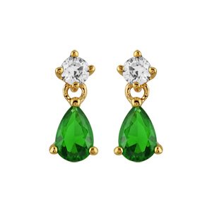 Boucles d\'oreilles pendantes en plaqu or collection joaillerie oxyde blanc et goutte en oxyde vert suspendu et fermoir poussette - Vue 1