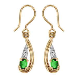 Boucles d\'oreilles pendantes en plaqu or collection joaillerie oxyde ovale vert au creux d\'une vague lisse avec partie ouvrage au dessus et fermoir crochet - Vue 1