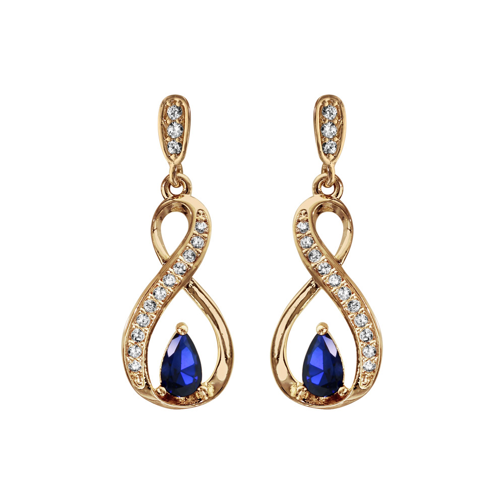 Boucles d\'oreilles pendantes en plaqu� or collection joaillerie torsade avec demi-rail d\'oxydes blancs et oxyde bleu et fermoir poussette - Vue 1