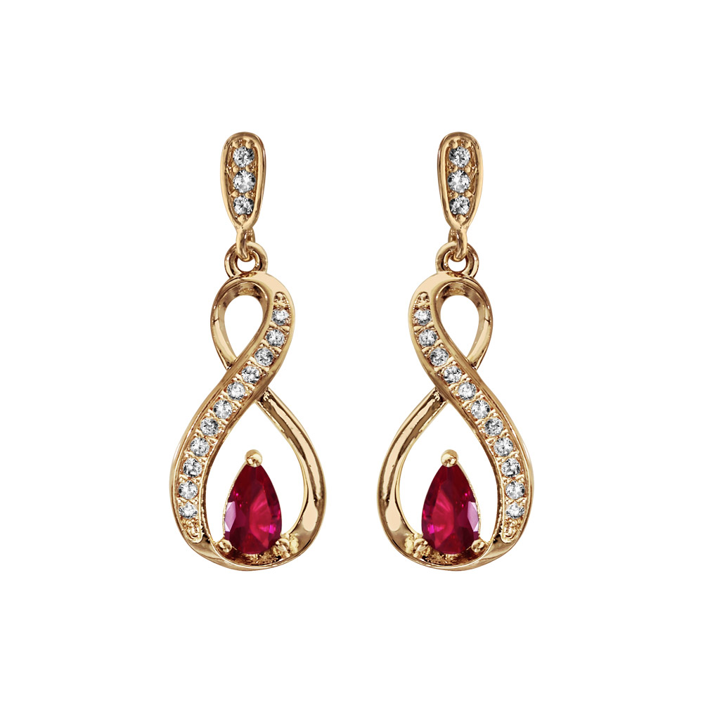 Boucles d\'oreilles pendantes en plaqu� or collection joaillerie torsade avec demi-rail d\'oxydes blancs et oxyde rouge et fermoir poussette - Vue 1