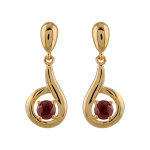 Boucles d\'oreilles pendantes en plaqué or forme escargot avec oxyde rouge serti au centre et fermoir clou avec poussette - Vue 1