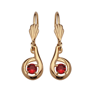 Boucles d\'oreilles pendantes en plaqu or forme escargot avec oxyde rouge serti au centre et fermoir dormeuse - Vue 1