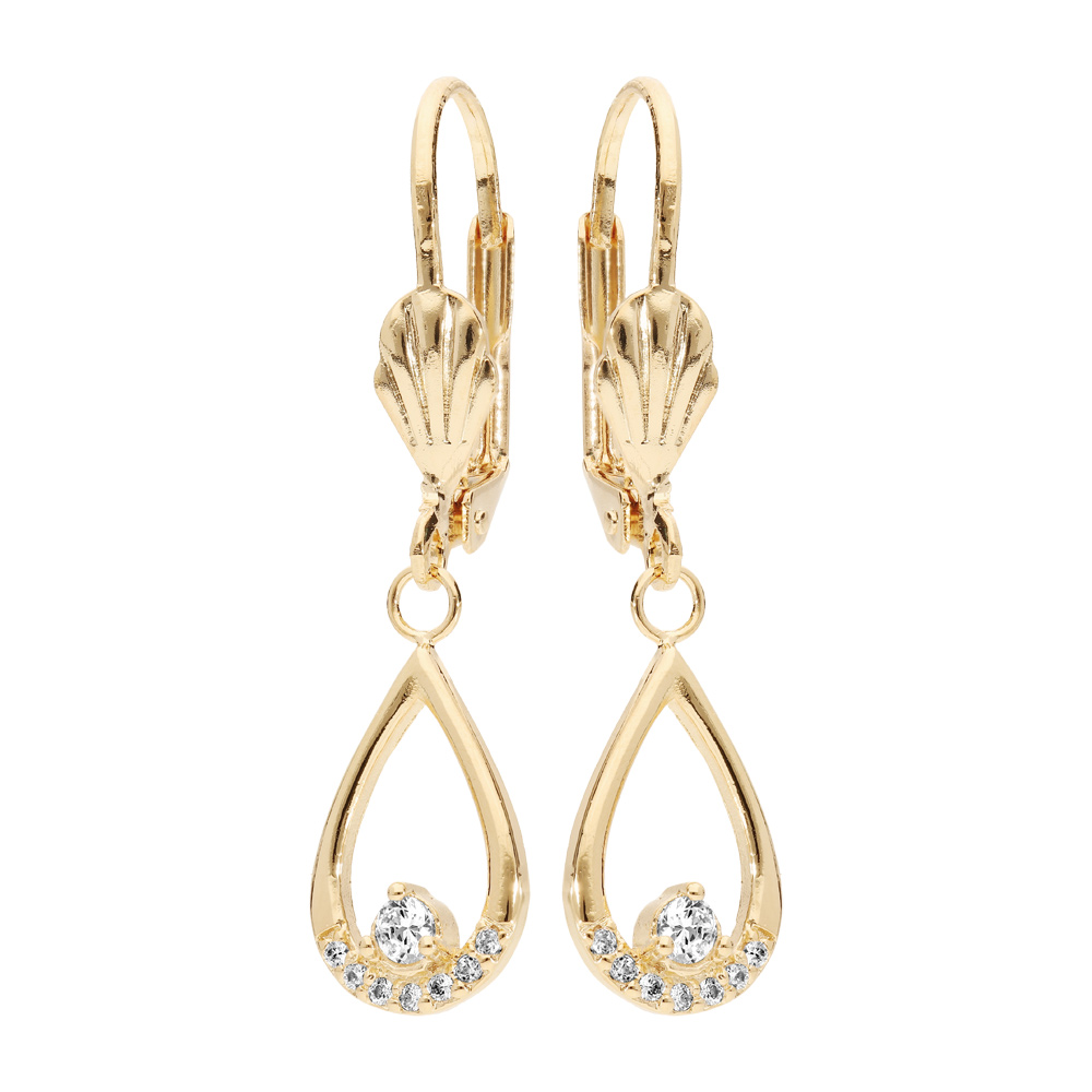 Boucles d\'oreilles pendantes en plaqu� or forme goutte avec oxydes blancs sertis et fermoir poussette - Vue 1