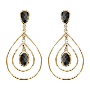 Boucles d\'oreilles pendantes en plaqu or goutte oxyde noir suspendue avec fils lisses et fermoir poussette - Vue 1