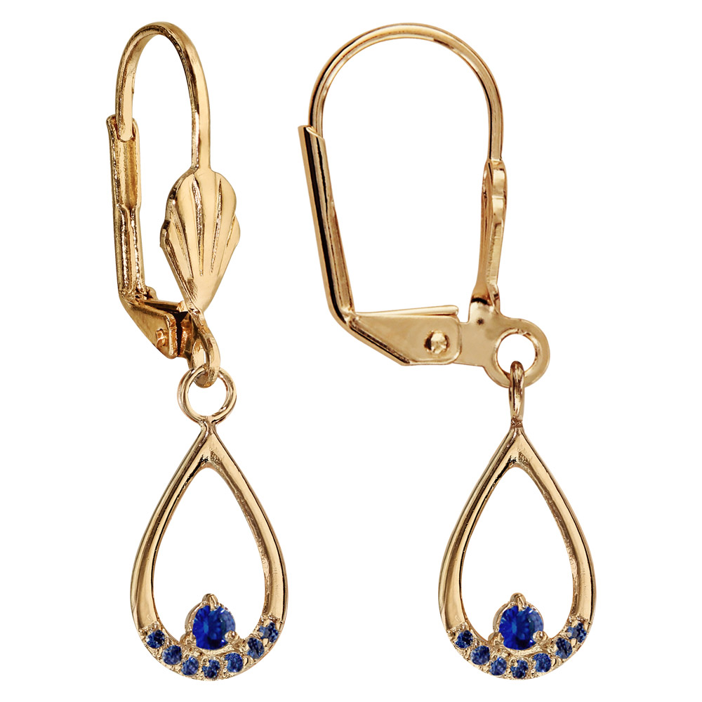 Boucles d\'oreilles pendantes en plaqu� or goutte suspendue ajour� avec oxyde bleu fonc� et fermoir dormeuse - Vue 1