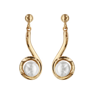 Boucles d\'oreilles pendantes en plaqu or  perle blanche de synthse enroule dans ruban lisse et fermoir poussette - Vue 1