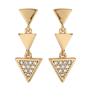 Boucles d\'oreilles pendantes en plaqu or 3 triangles suspendus dont 1 pav d\'oxydes blancs sertis et fermoir poussette - Vue 1