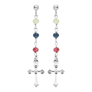 Boucles d\'oreilles pendents en argent rhodi avec boules en verre facetes et pampilles croix fermoir poussette - Vue 1