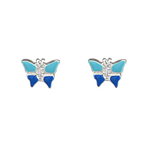 Boucles d\'oreilles pour enfant en argent papillon bleu et fermoir poussette - Vue 1