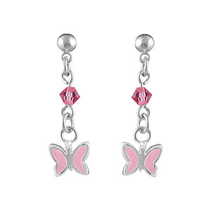 Boucles d\'oreilles pour enfant en argent petite chaînette avec oxyde rose au milieu et pampille papillon rose à l\'extrémité et fermoir clou avec poussette - Vue 1
