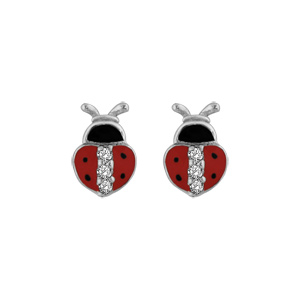 Boucles d\'oreilles pour enfant en argent rhodi coccinelle avec oxydes blancs sertis sur le dos et fermoir poussette - Vue 1