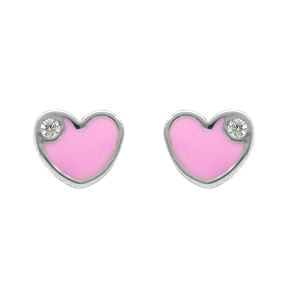 Boucles d\'oreilles pour enfant en argent rhodi� coeur rose avec petit oxyde blanc et fermoir poussette - Vue 1