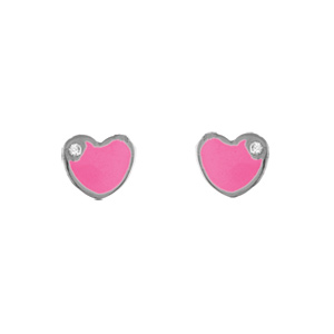 Boucles d\'oreilles pour enfant en argent rhodi coeur rose avec petit oxyde blanc et fermoir poussette - Vue 1