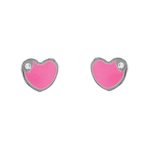 Boucles d\'oreilles pour enfant en argent rhodi coeur rose avec petit oxyde blanc et fermoir poussette - Vue 1