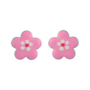 Boucles d\'oreilles pour enfant en argent rhodi fleur rose et fermoir poussette - Vue 1