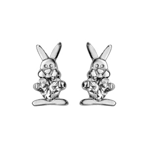 Boucles d\'oreilles pour enfant en argent rhodié lapin tenant 1 oxyde blanc et fermoir clou avec poussette - Vue 1