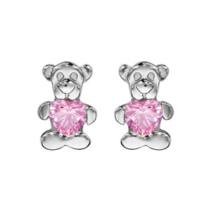 Boucles d\'oreilles pour enfant en argent rhodi ourson tenant 1 oxyde rose et fermoir poussette - Vue 1