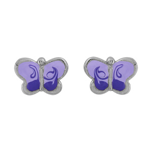 Boucles d\'oreilles pour enfant en argent rhodi papillon mauve et fermoir poussette - Vue 1