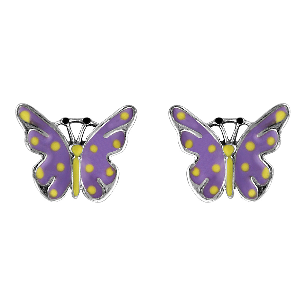 Boucles d\'oreilles pour enfant en argent rhodi� papillon violet et jaune avec fermoir poussette - Vue 1