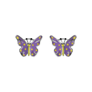 Boucles d\'oreilles pour enfant en argent rhodi papillon violet et jaune avec fermoir poussette - Vue 1