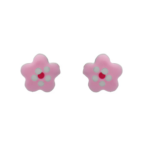 Boucles d\'oreilles pour enfant en argent rhodi petite fleur rose et fermoir poussette - Vue 1