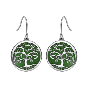 Boucles d\'oreilles rondes en acier motif arbre de vie vert et fermoir crochet - Vue 1